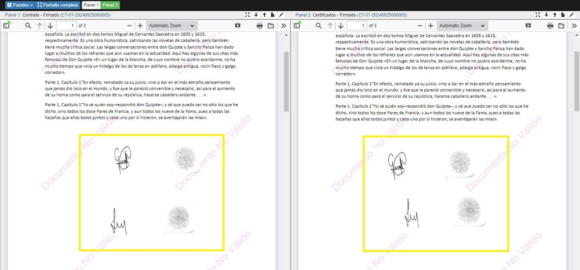 Los dos documentos firmados, uno junto al otro, con la rúbrica y la huella de cada firmante en el lugar configurado.