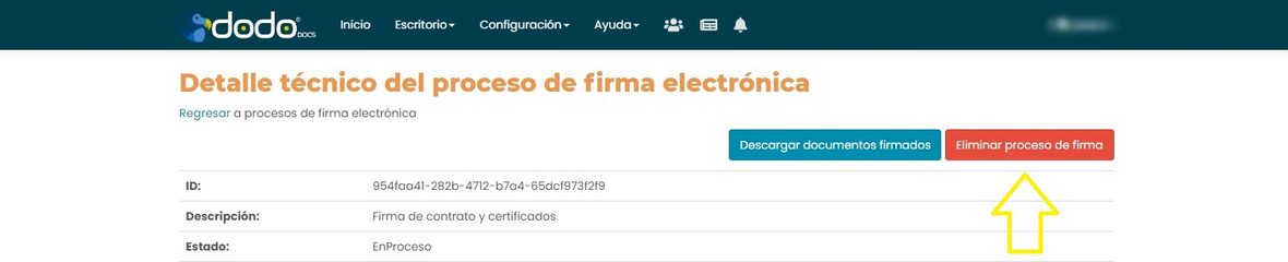 Detalle técnico del proceso de firma con el botón Eliminar proceso de firma.