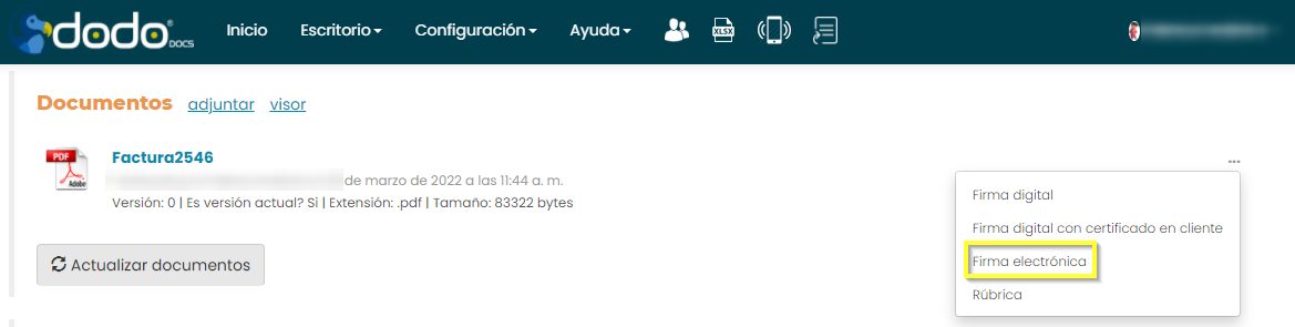 Menú (…) de un documento en una tarea, con la opción Firma electrónica resaltada.