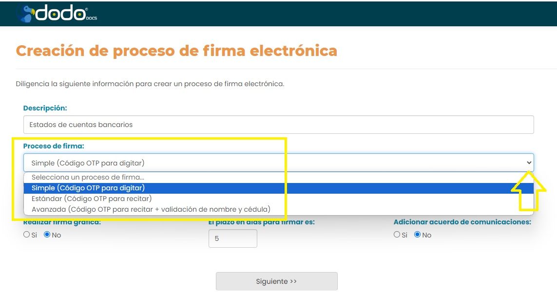 Desplegable del campo Proceso de firma con las opciones Simple, Estándar y Avanzada.
