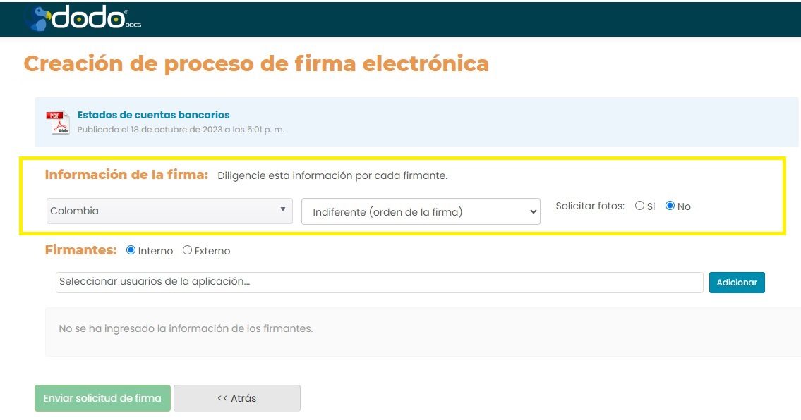Pantalla 2: campos País, Orden de la firma y Solicitar fotos, con la opción Interno/Externo para agregar al firmante.