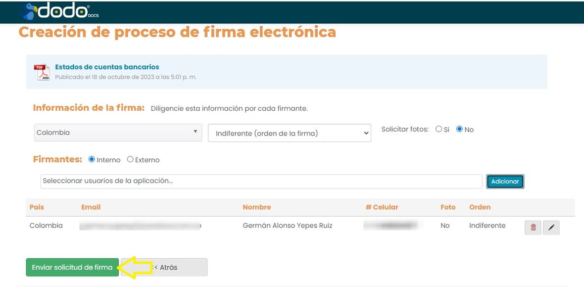 Botón «Enviar solicitud de firma» resaltado, con un firmante ya agregado a la lista.