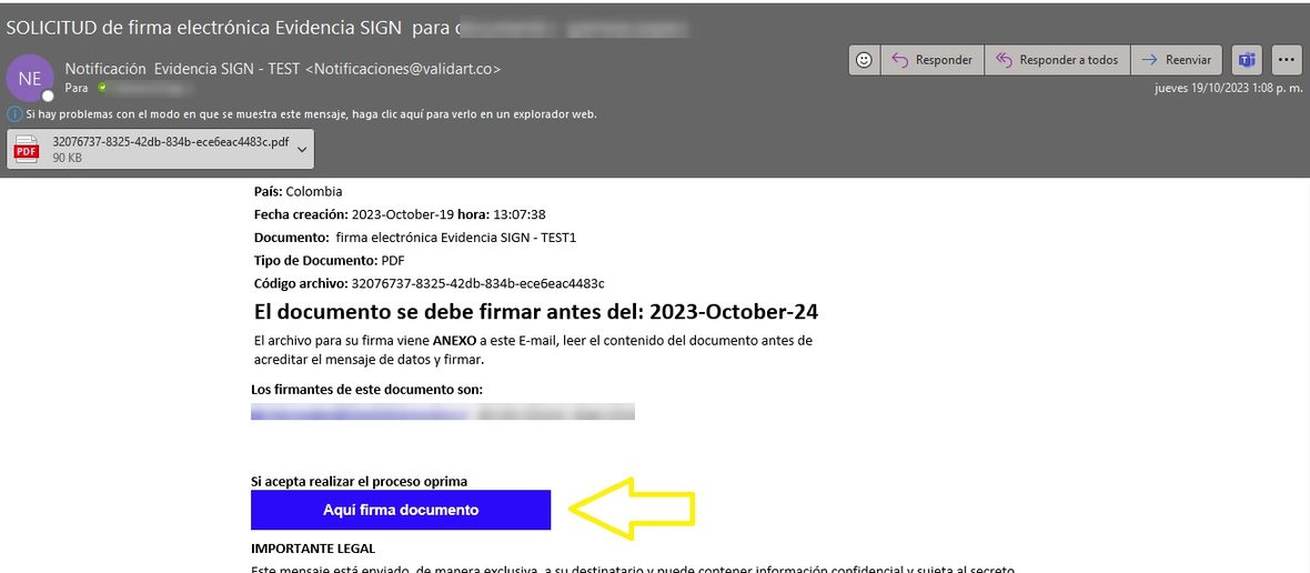 Correo de la solicitud de firma, con el botón «Aquí firma documento» resaltado.