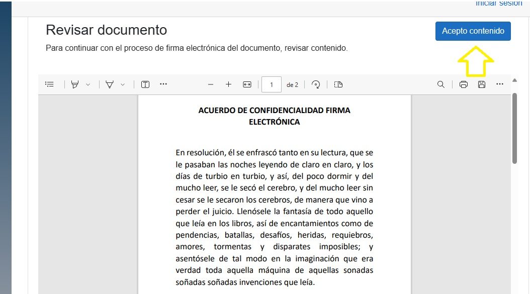 Pantalla «Revisar documento» con el contenido del PDF y el botón «Acepto contenido».