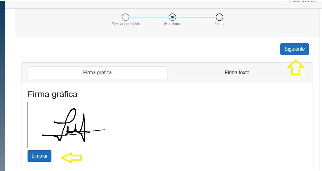 Pantalla de firma gráfica, con el recuadro para dibujar la firma y el botón Limpiar.