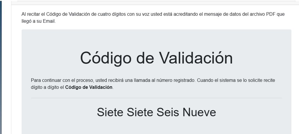 Código de validación de 4 dígitos que se debe recitar en la llamada.