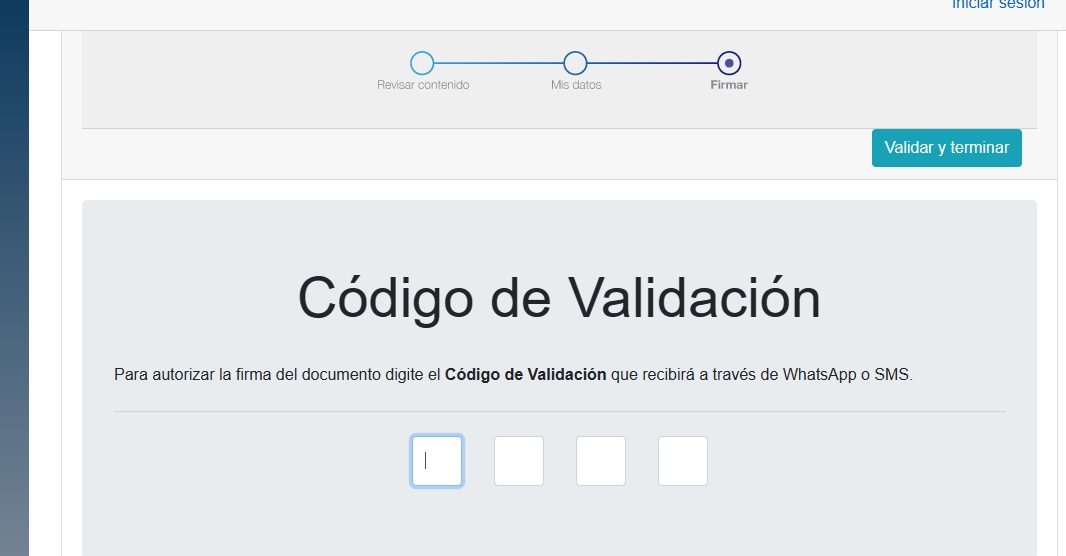 Cuatro recuadros para digitar el código de validación recibido por WhatsApp o SMS.