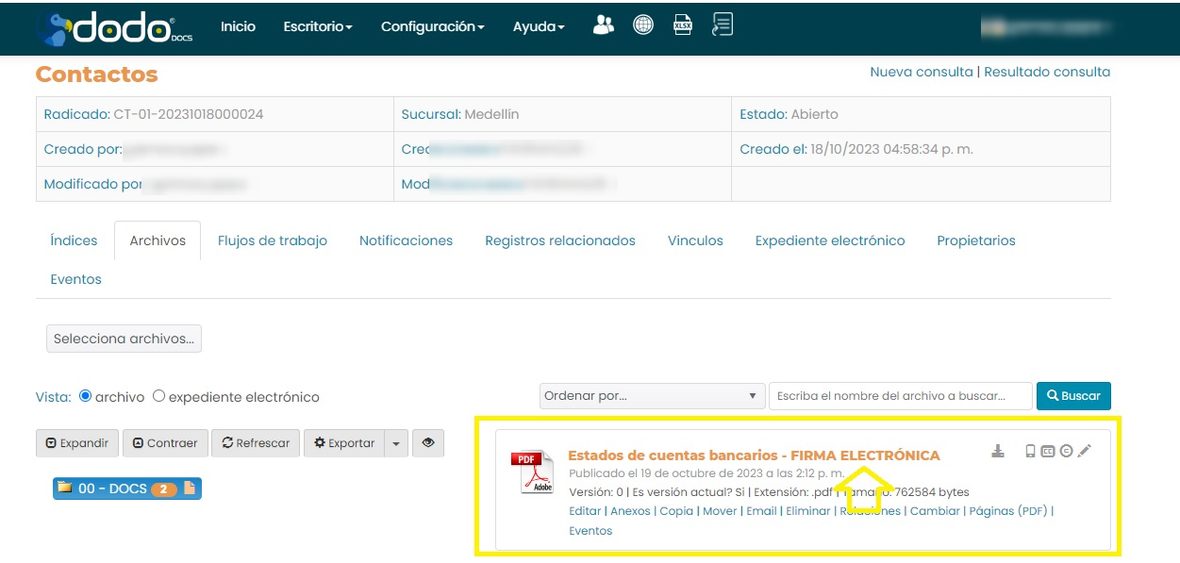 Documento en el registro con «FIRMA ELECTRÓNICA» agregado a su nombre.