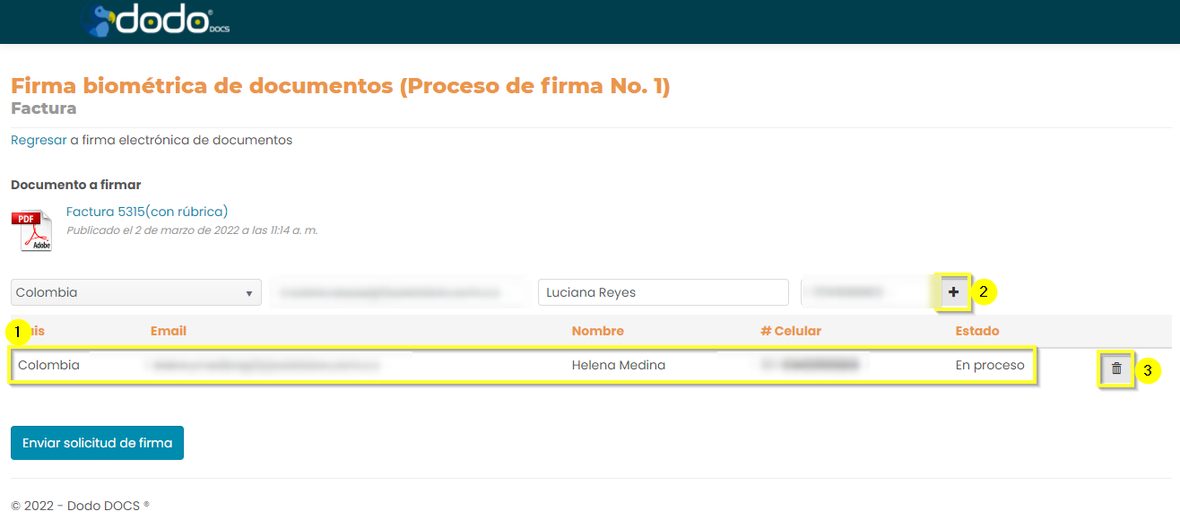 Detalle de un proceso pendiente: agregar un firmante, la lista de firmantes con su estado, y eliminar un firmante.
