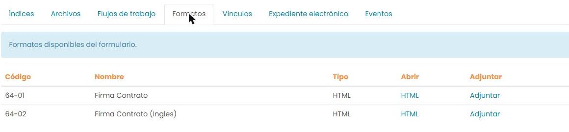 Pestaña «Formatos» de un registro: una tabla con Código, Nombre, Tipo, y las acciones Abrir y Adjuntar.