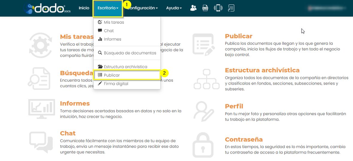 Menú Escritorio con la opción «Publicar» resaltada.