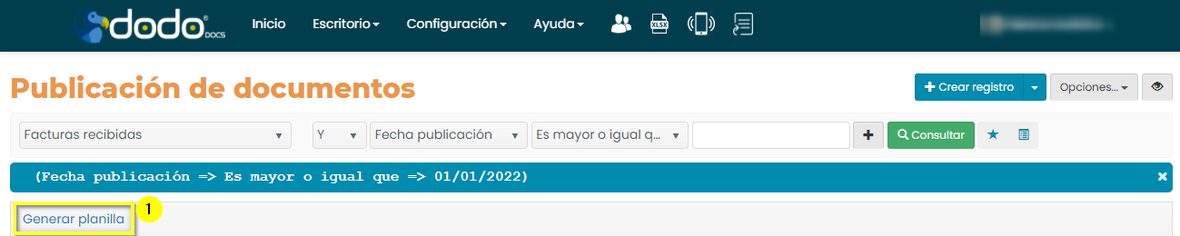 Botón «Generar planilla» resaltado en la barra del resultado de una consulta.