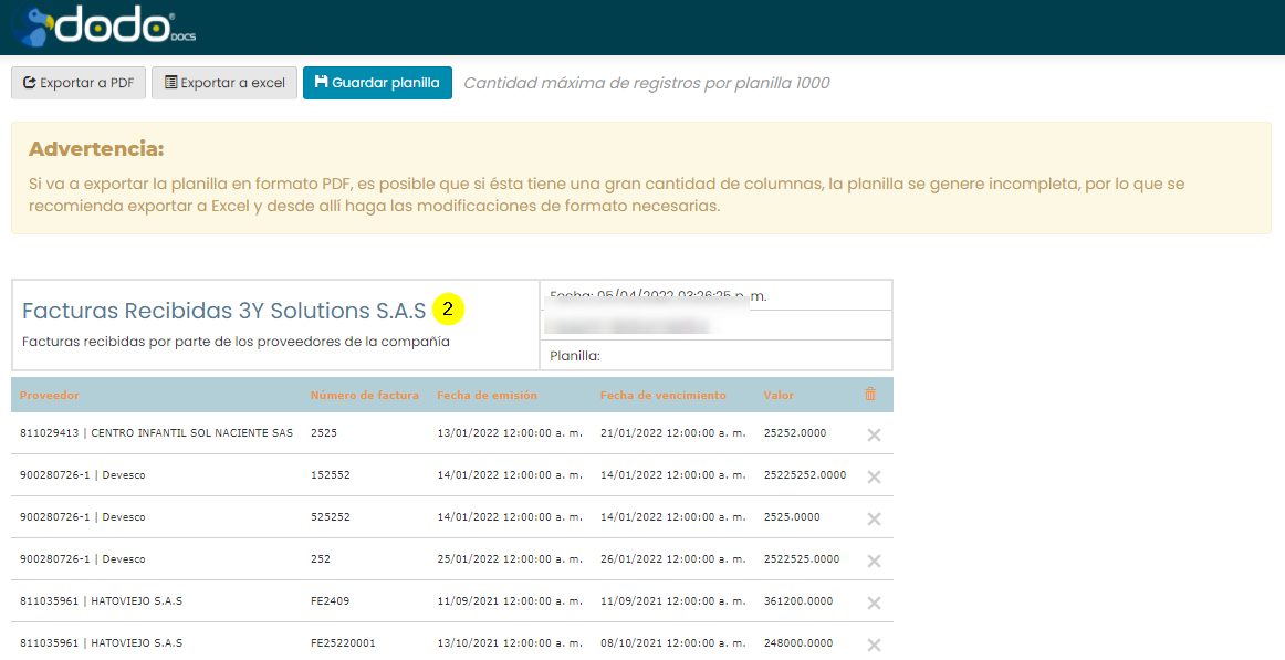 Planilla generada con una fila por registro y la barra de acciones arriba: Exportar a PDF, Exportar a Excel y Guardar planilla.