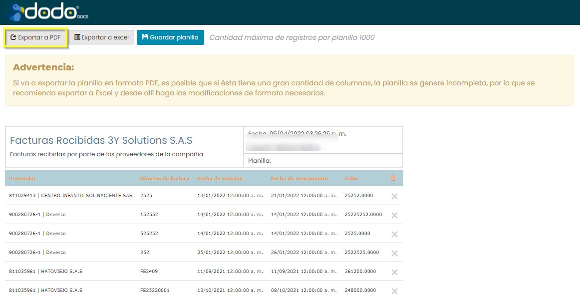 Botón «Exportar a PDF» resaltado en la barra de la planilla.