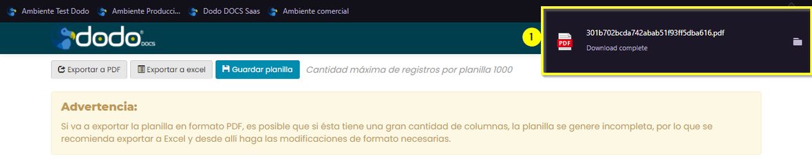 Aviso del navegador confirmando la descarga del PDF de la planilla.