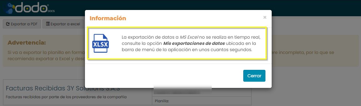 Aviso: la exportación a Excel no es en tiempo real, consultar «Mis exportaciones de datos».
