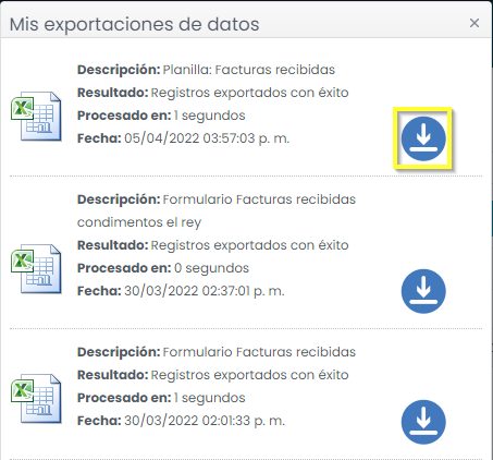 Lista de exportaciones de datos con el botón de descarga resaltado en la más reciente.