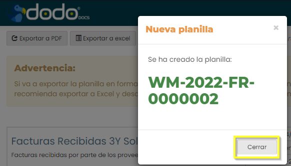Mensaje «Nueva planilla»: se ha creado la planilla WM-2022-FR-0000002, con el botón Cerrar.