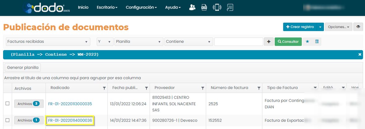 Resultado de la consulta con el hipervínculo del radicado resaltado.