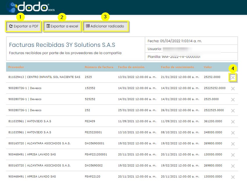Ventana de la planilla con las opciones Exportar a PDF, Exportar a Excel, Adicionar radicado y el ícono de eliminar fila, numeradas.