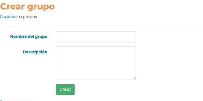 Formulario «Crear grupo»: campos «Nombre del grupo» y «Descripción», y un botón «Crear».