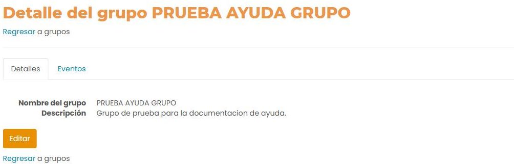 Pantalla «Detalle del grupo»: pestañas Detalles y Eventos, los campos Nombre del grupo y Descripción, y un botón «Editar».