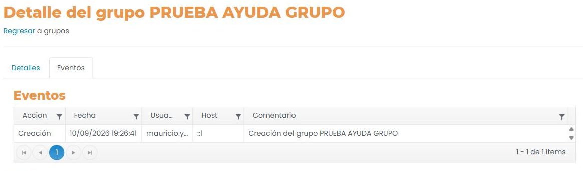 Pestaña «Eventos» del grupo: tabla con Acción, Fecha, Usuario, Host y Comentario, con la fila «Creación».