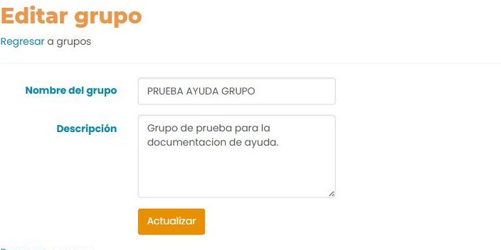 Pantalla «Editar grupo»: campos «Nombre del grupo» y «Descripción» cargados, y un botón «Actualizar».