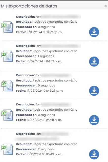 Ventana «Mis exportaciones de datos»: por cada exportación, la descripción, el resultado, el tiempo de proceso, la fecha y un botón de descarga.