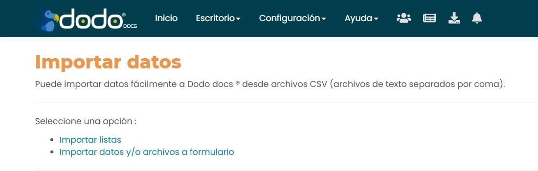 Pantalla «Importar datos» con dos opciones: Importar listas, e Importar datos y/o archivos a formulario.