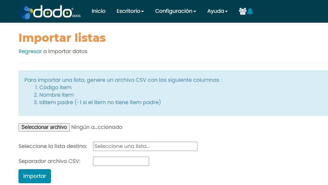 Pantalla «Importar listas»: instrucciones de las columnas del CSV (Código ítem, Nombre ítem, IdItem padre), selector de archivo, lista destino, separador y botón Importar.