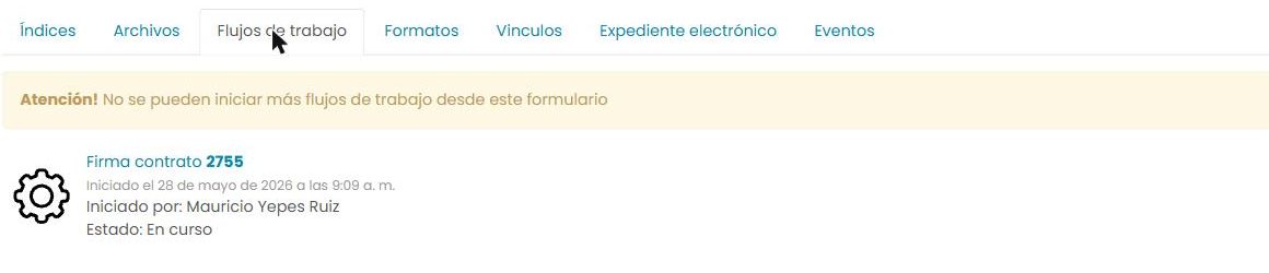 Pestaña «Flujos de trabajo» de un registro: un flujo «Firma contrato 2755», iniciado por un usuario, en estado En curso.