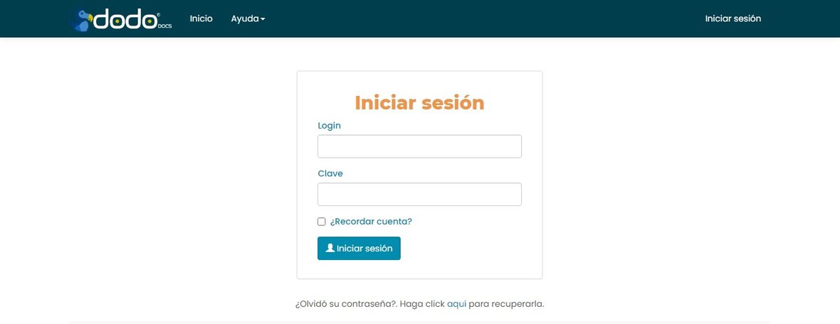 Formulario de inicio de sesión con los campos Login y Clave, la casilla «¿Recordar cuenta?», el botón «Iniciar sesión» y el enlace «¿Olvidó su contraseña?».