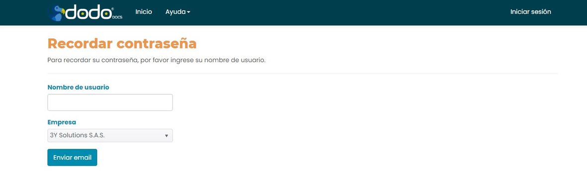 Pantalla «Recordar contraseña» con los campos Nombre de usuario y Empresa y el botón «Enviar email».