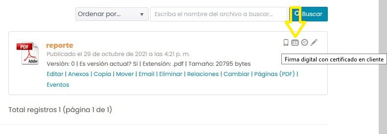 Detalle de un documento con el ícono «Firma digital con certificado en cliente» señalado, junto a los demás íconos de opciones del archivo.