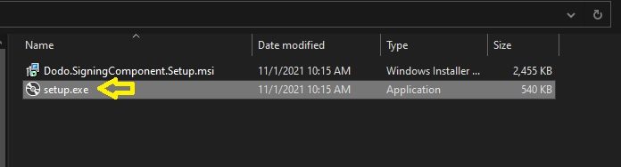 Carpeta con los archivos del instalador: Dodo.SigningComponent.Setup.msi y setup.exe señalado.