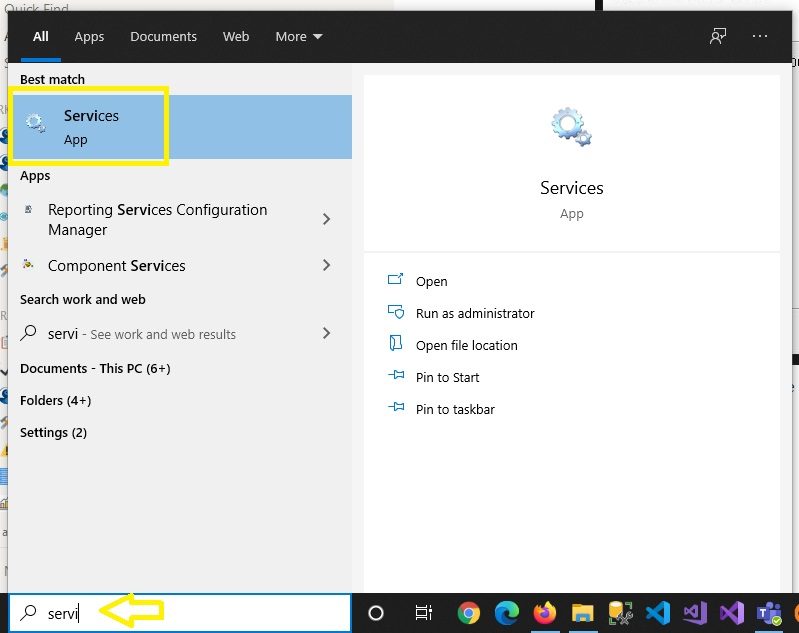 Menú Inicio de Windows: búsqueda «servi» con el resultado «Services» resaltado.
