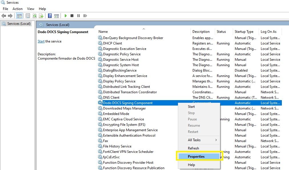 Consola de Servicios de Windows: el servicio «Dodo DOCS Signing Component» seleccionado, con el menú contextual abierto y la opción «Properties» señalada.