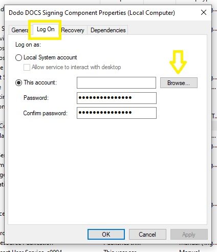 Pestaña «Log On» de las propiedades del servicio: opción «This account» seleccionada, con el botón Browse señalado, y los campos Password y Confirm password.