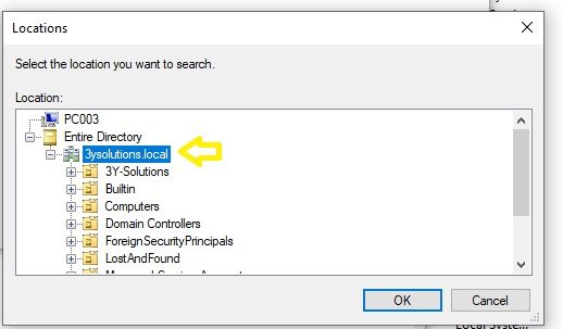 Diálogo «Locations» de Windows con el árbol del dominio, mostrando el dominio de la empresa seleccionado.