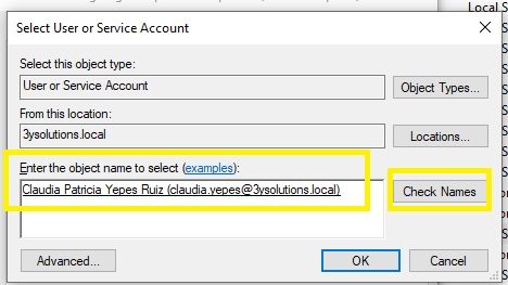 Diálogo «Select User or Service Account» con un nombre de cuenta escrito y el botón «Check Names» señalado.