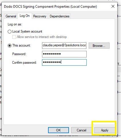 Pestaña «Log On» con la cuenta ya elegida, los campos Password y Confirm password diligenciados (enmascarados), y el botón Apply señalado.