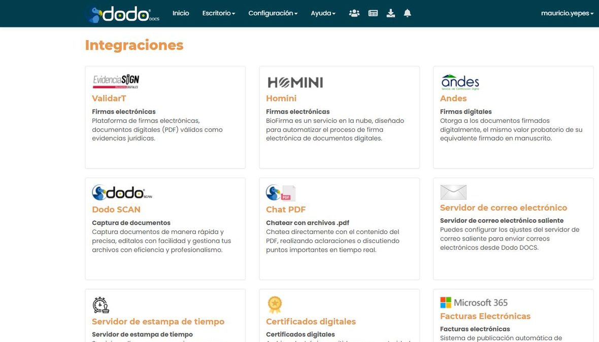 Pantalla «Integraciones»: tarjetas de ValidarT, Homini y Andes (firmas electrónicas/digitales), Dodo SCAN, Chat PDF, Servidor de correo electrónico, Servidor de estampa de tiempo, Certificados digitales y Microsoft 365 Facturas Electrónicas.