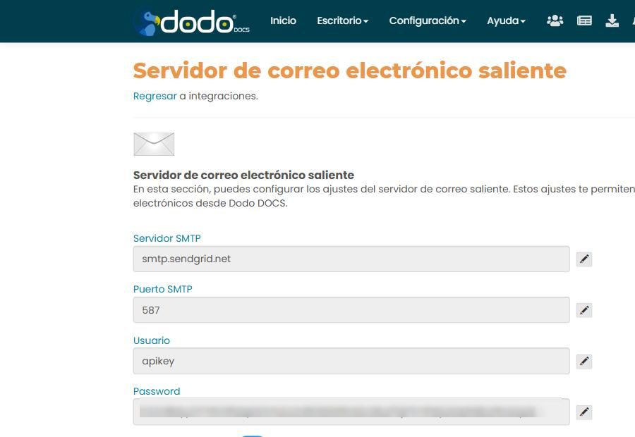 Pantalla «Servidor de correo electrónico saliente»: Servidor SMTP, Puerto SMTP, Usuario, Password (difuminado), y los switches «Usar autenticación?», «Usar SSL?», «Activar correo electrónico certificado» y «Usar servidor de correo de Dodo DOCS».