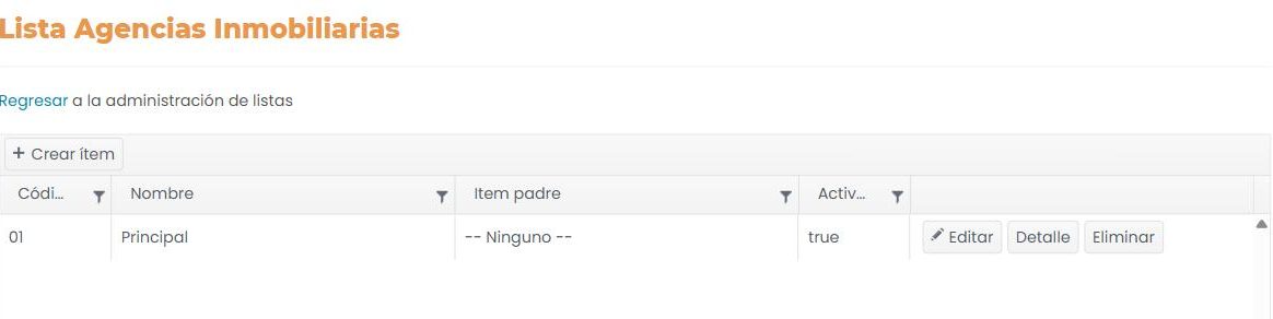 Pantalla «Administración de ítems» de la lista «Agencias Inmobiliarias»: enlace «Regresar a la administración de listas», botón «+ Crear ítem» y tabla con columnas Código, Nombre, Ítem padre y Activo.