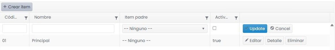 Fila de edición para crear un ítem: campos Código y Nombre, desplegable «Ítem padre», casilla «Activo» y botones Update y Cancel.