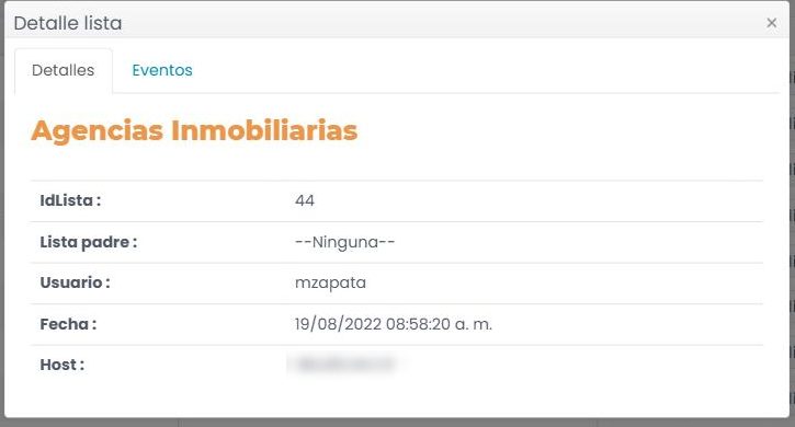 Ventana «Detalle lista», pestaña «Detalles»: IdLista, Lista padre, Usuario, Fecha y Host, con la pestaña «Eventos» al lado.