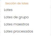 Sección de lotes del menú Opciones: Lotes, Lotes de grupo, Lotes maestros, Lotes procesados.