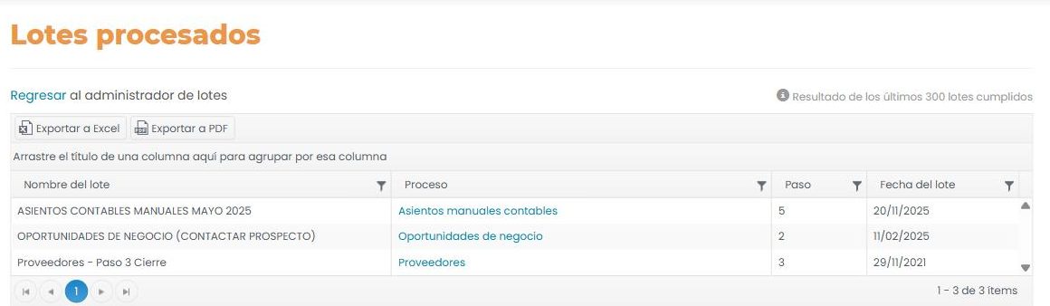Pantalla «Lotes procesados» con botones «Exportar a Excel» y «Exportar a PDF» y una tabla con Nombre del lote, Proceso, Paso y Fecha del lote.