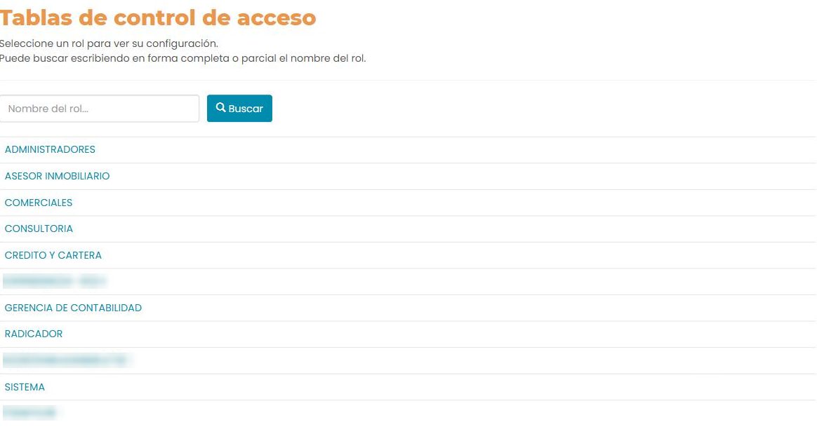 Pantalla «Tablas de control de acceso»: un buscador y la lista de roles como enlaces (algunos nombres difuminados).